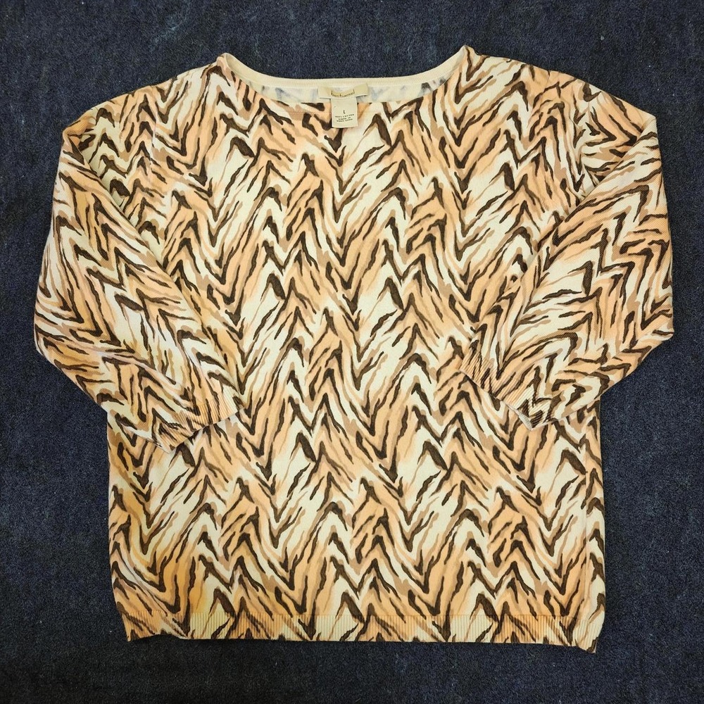 Bechamel Womens Large Brown Tan Chevron Print Cotton Knit 3/4 Sleeve Sweater